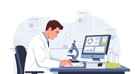 Scientist in laboratory performing research and analysis with microscope and data analysis