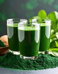 Vibrant Green Spirulina Smoothie Glasses with Powder and Fresh Leaves Composition