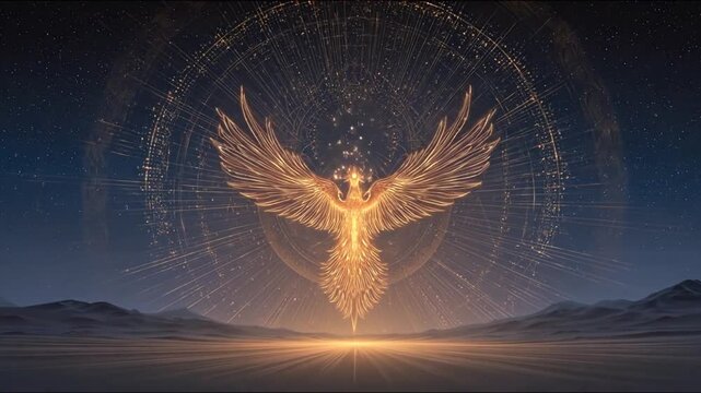 Golden phoenix rising against geometric background illustration