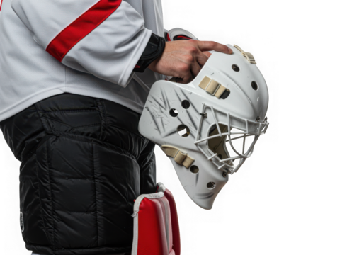 Hockey player holding his helmet isolated on transparent background, getting ready