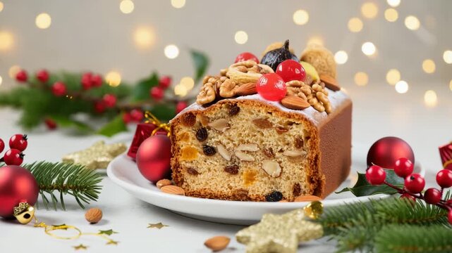 Traditional Christmas fruitcake with raisins, nuts, and candied fruits, served on a white plate. Surrounded by Christmas decorations and evergreen branches. Holiday dessert.