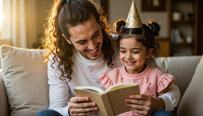 Father reading birthday card to smiling daughter on sofa at home