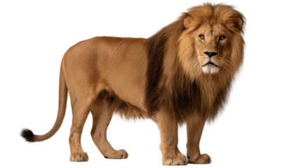Majestic Male Lion Standing - Full-Body Portrait with Golden Mane and Alert Expression, Isolated on Transparent Background
