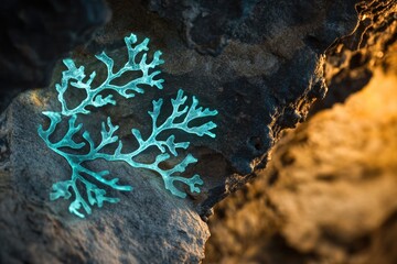 A vibrant, glowing turquoise bioluminescent coral-like organism or lichen adheres to dark rock, contrasting with a warm, out-of-focus background.