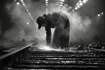 Industrial worker welding railroad tracks in metallurgical plant