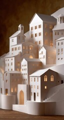 A meticulously crafted paper model of a charming town, with buildings lit from within, creating a serene and elegant scene.