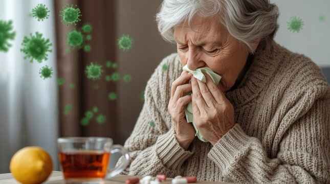 Elderly woman sneezing into tissue with flu virus particles, lemon, tea and pills on table, concept of cold, influenza, infection, healthcare, immunity, medical treatment and senior illness