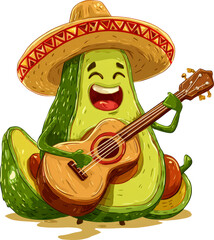 Happy cartoon avocado with sombrero playing festive guitar music
