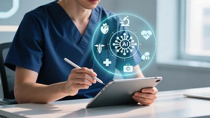 A doctor using a pen on tablet with floating holographic ring of ai and medical icons, symbolizing artificial intelligence in healthcare, medical ai - Powered by Adobe