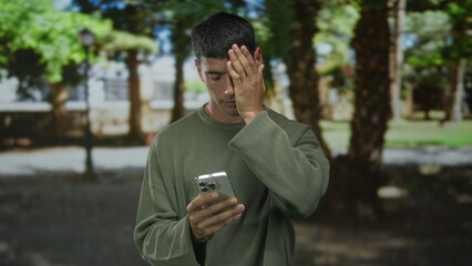 Fototapeta premium Man holds smartphone in one hand and touches his head with the other while standing amid green trees and walkways in a park; confusion.