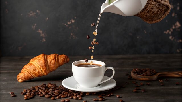 Generated image: A surreal shot of a coffee cup pouring liquid upwards into a floating croissant in zero gravity.
