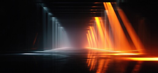 A long hallway with orange and blue lights