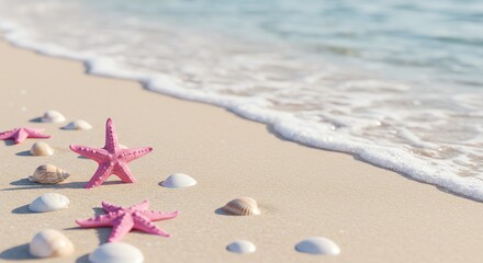 Pink starfish and seashells on sandy beach