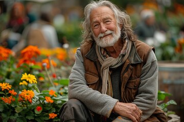 Senior man smiling in community garden gathering