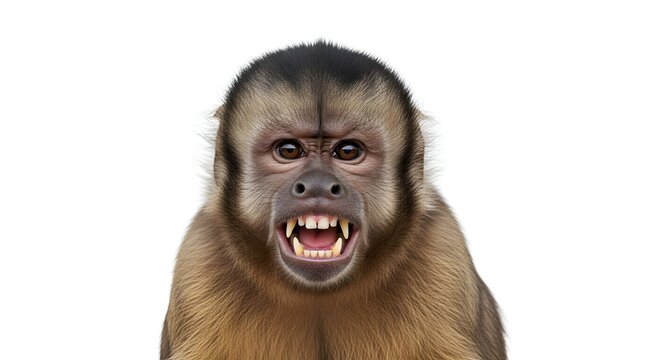 Fierce capuchin monkey bares teeth in aggressive display, white background, close-up
