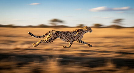 A cheetah is running at full speed across the african savanna with blurred motion in the background during a sunny day in nature
