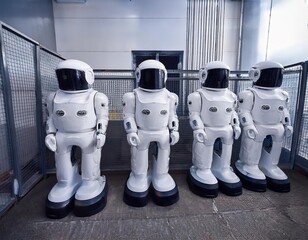 Four humanoid robots standing in a row, artificial intelligence concept