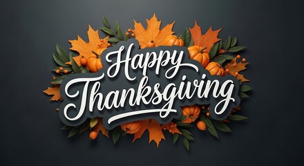 Elegant happy thanksgiving text art with a decorative wreath of autumn leaves pumpkins and berries on a dark textured background for seasonal greetings and celebrations