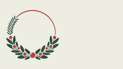 Obraz premium A festive circular wreath with green leaves and red berries on a cream colored background with red arc top