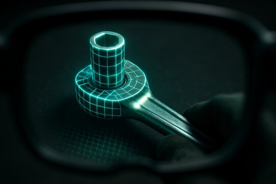 Augmented reality HUD interface displaying a smart tool's data.