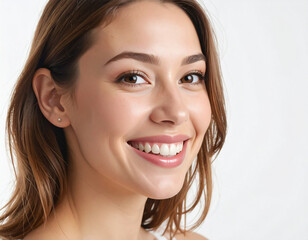 Naklejka premium Smiling Young Woman with Full Face Visible on Clean Background 