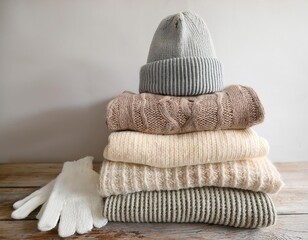 Stacked knit sweaters, hat, and gloves for winter comfort