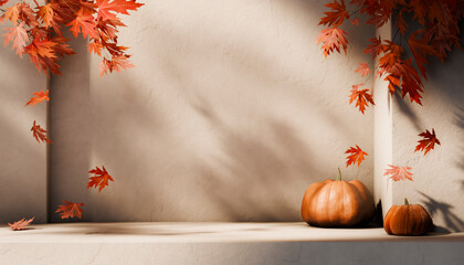 Autumn background with maple leaves and pumpkins for thanksgiving and halloween holiday season. Product placement podium  mockup for black friday sale.