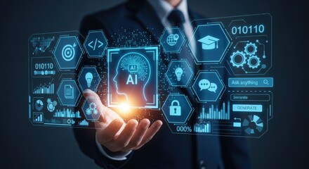 AI Agent Learning Concept Showing Digital Brain Interface and Machine Learning Icons in Businessman Hand Symbolizing Intelligent Automation, Data Processing, and Neural Networks Automation