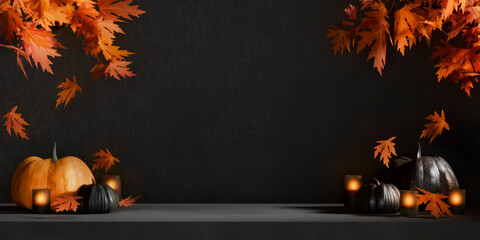 Halloween background with autumn maple leaves and black pumpkins. Thanksgiving and black friday season product display mockup.
