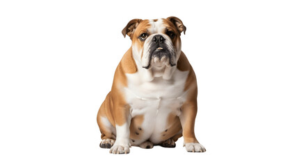 Obraz premium English Bulldog sitting patiently looking forward with a white background.