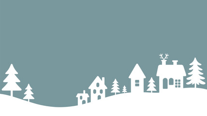 Winter scene with white houses and trees against a blue background in a minimalist silhouette style