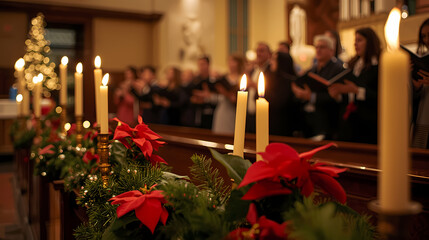 Church decorated for Christmas Eve service with glowing candles, poinsettias, and choir singing, warm festive lighting, high resolution holiday scene.