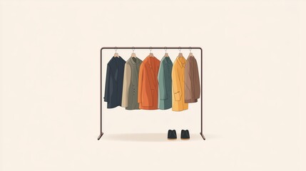 Neutral colored clothes on a single clothing rack.