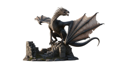 Fierce black dragon figurine perched on ancient stone ruins.