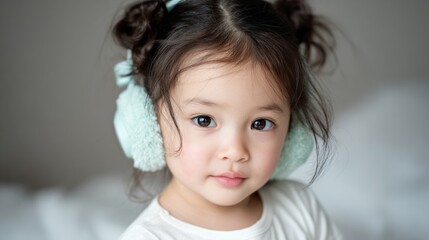 Naklejka premium Cute close-up portrait of a happy smiling child wearing fluffy earmuffs indoors