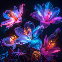 Elegant neon flowers shining in futuristic pink, blue, and orange light, dreamy and surreal blossoms glowing on a dark artistic background.