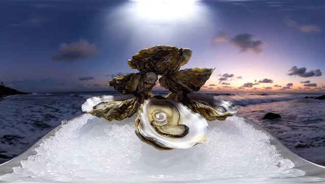 oysters on ice with ocean sunset view 360
