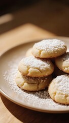 Stack of fresh sugar cookies in warm morning sunlight.
