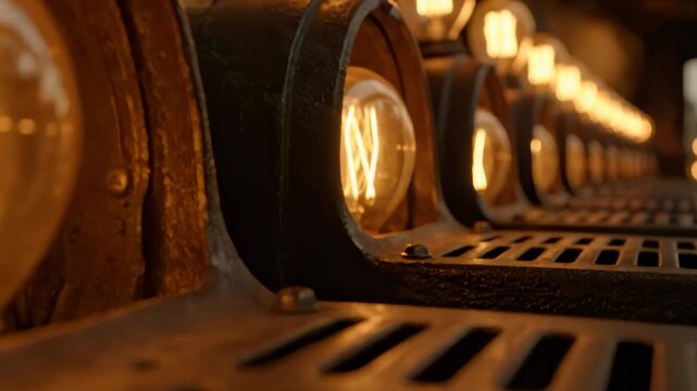 Warm glow of retro filament lamps in a rustic industrial