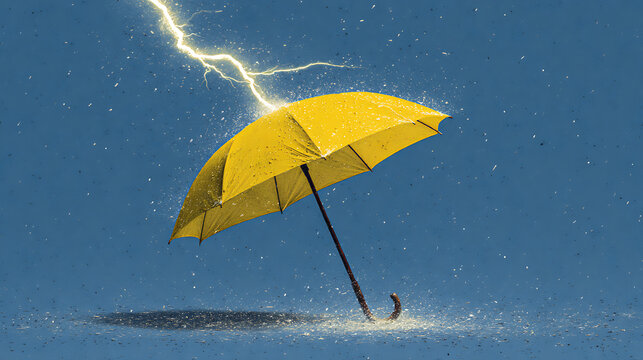 A yellow umbrella under a lightning strike, symbolizing protection from risk, insurance coverage, and weathering financial storms, isolated on blue background