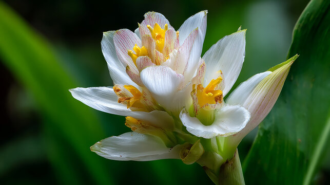 Blooming white turmeric flower (Curcuma mangga Valeton Zijp) in a garden setting, isolated on a clean white background
