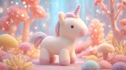 Plush unicorn with soft pastel colors standing in a whimsical fantasy forest filled with fuzzy trees and sparkles.