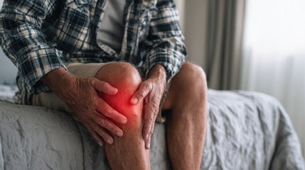 Senior man holding painful knee with arthritis symptoms