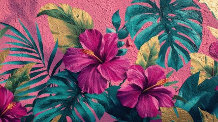 Painted mural of pink hibiscus flowers and teal tropical leaves on a textured pink wall with gold accents.