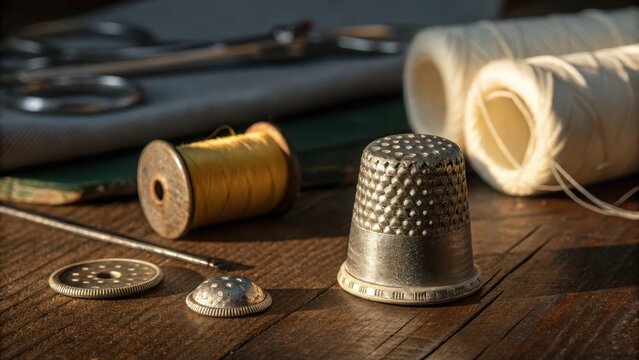 An antique silver thimble and sewing tools on wooden table