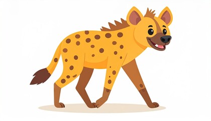 Cartoon Spotted Hyena Illustration Walking with Brown and Tan Color Palette on White Background