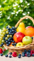 Generative AI vibrant fresh fruit basket abundance outdoor nature.