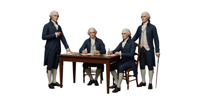 Group of historical figures seated around a table.