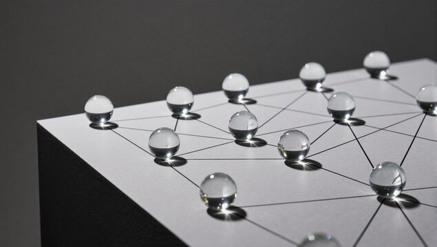 Decentralized network abstract nodes represented by glass marbles on a grid.
