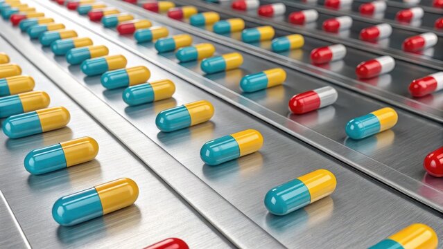 Array of colorful capsules moving on a production line